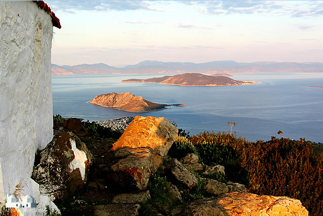 Sunrise view from Mount Oros towards Moni island and Agistri