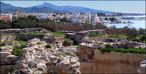 View to the village of Aegina taken from the archeological site of Kolona